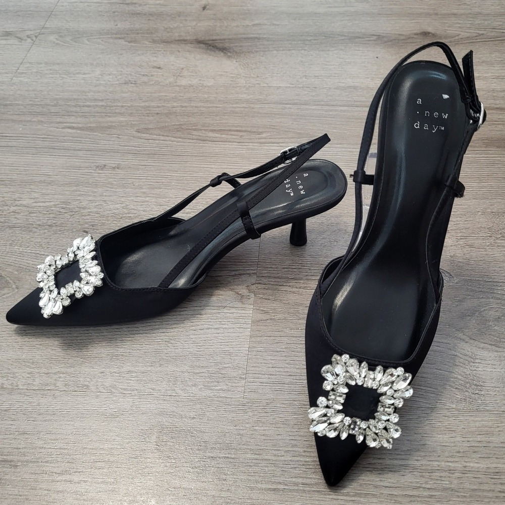 Black Satin Crystal Buckle Slingback Kitten Heel Pointed Toe Pumps Womens 9